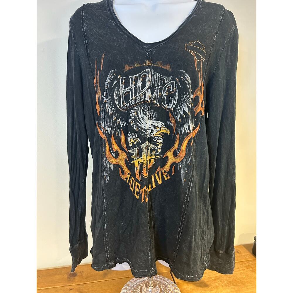 Harley-Davidson Sz L Black Womens Long Sleeve Eagle Flame Graphic Wings Grand C
